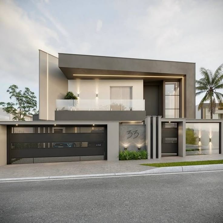 Contemporary two-storey residence with slatted garage doors at dusk
