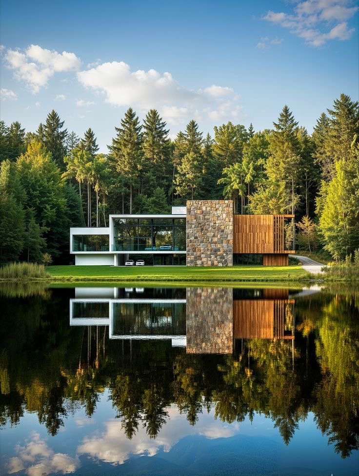 Minimalist glass, stone and timber house reflected in a still lake