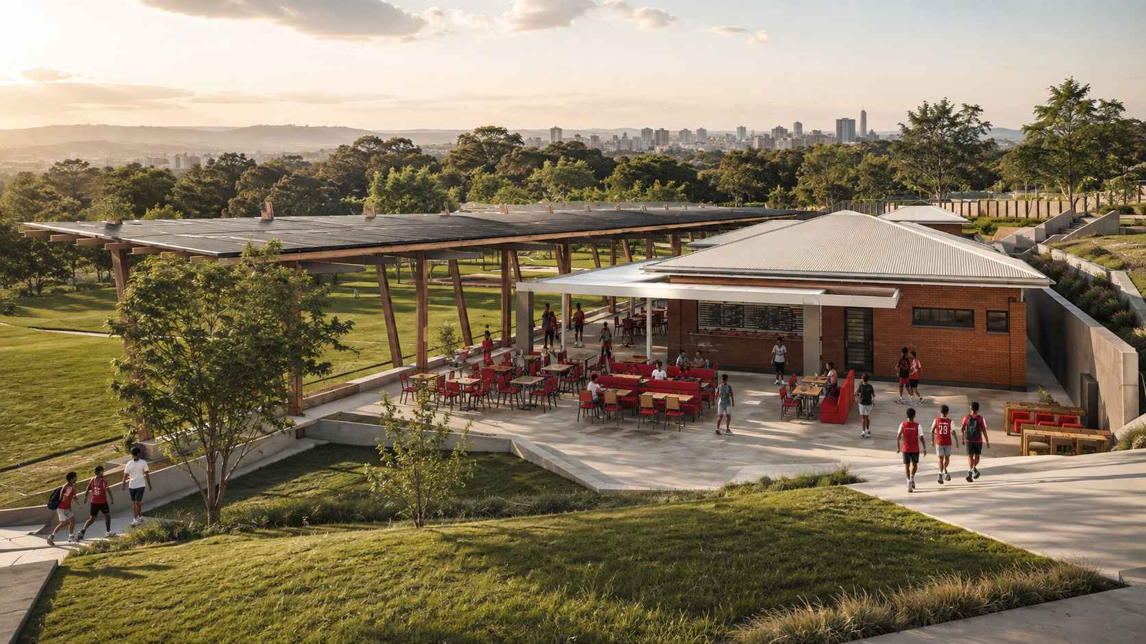 Hillgrove sports precinct — covered canteen and gathering deck against the city skyline