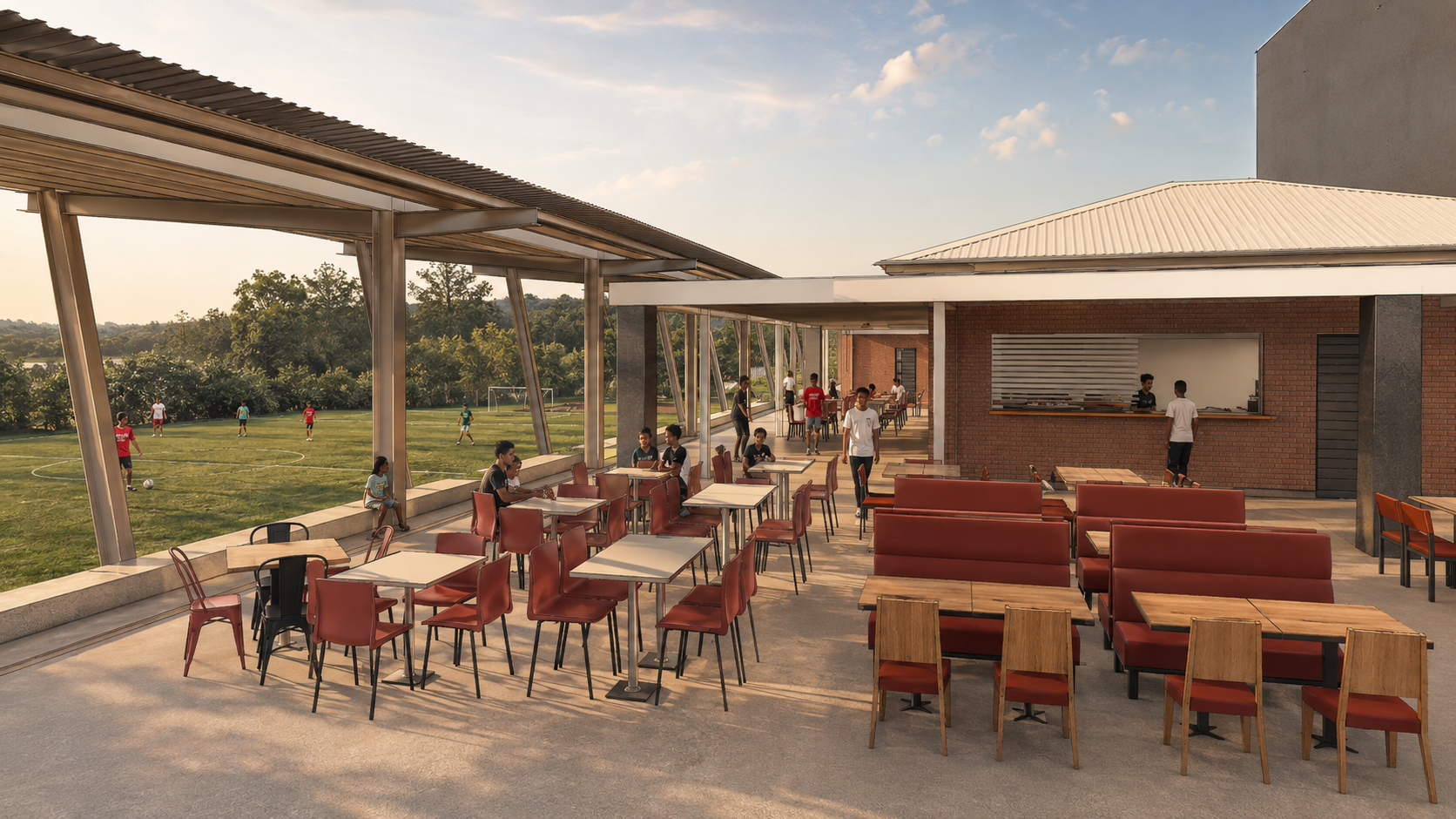 Hillgrove canteen and covered dining terrace overlooking the playing fields