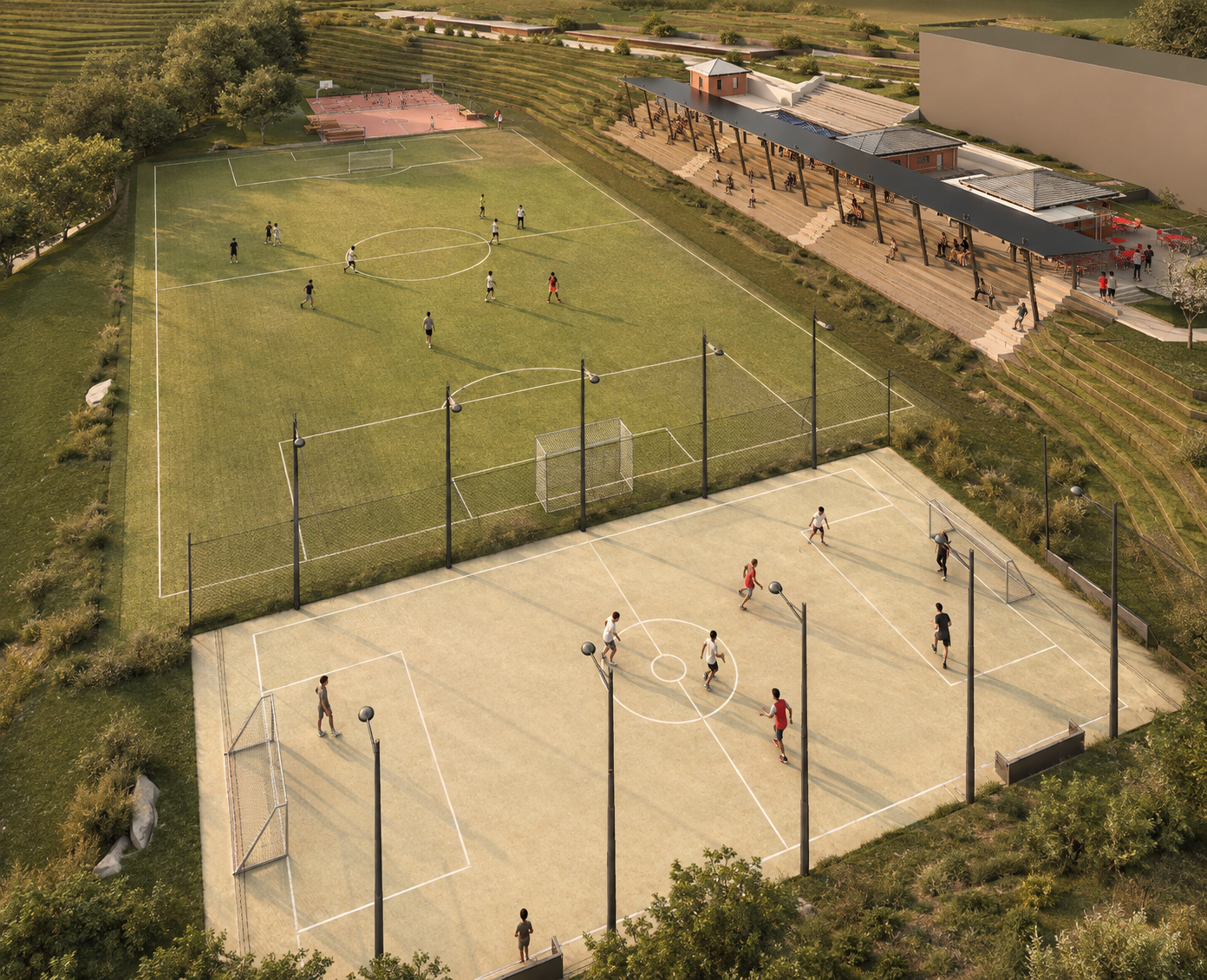 Hillgrove soccer field, futsal and multi-purpose courts stepping down the terraced site