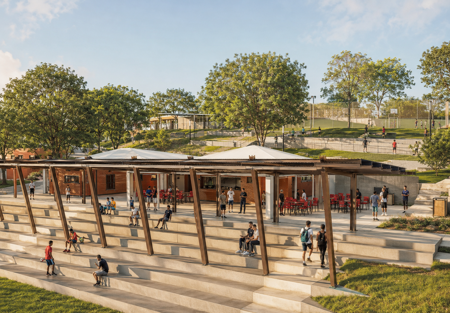 Hillgrove sheltered gathering space with tensile canopies