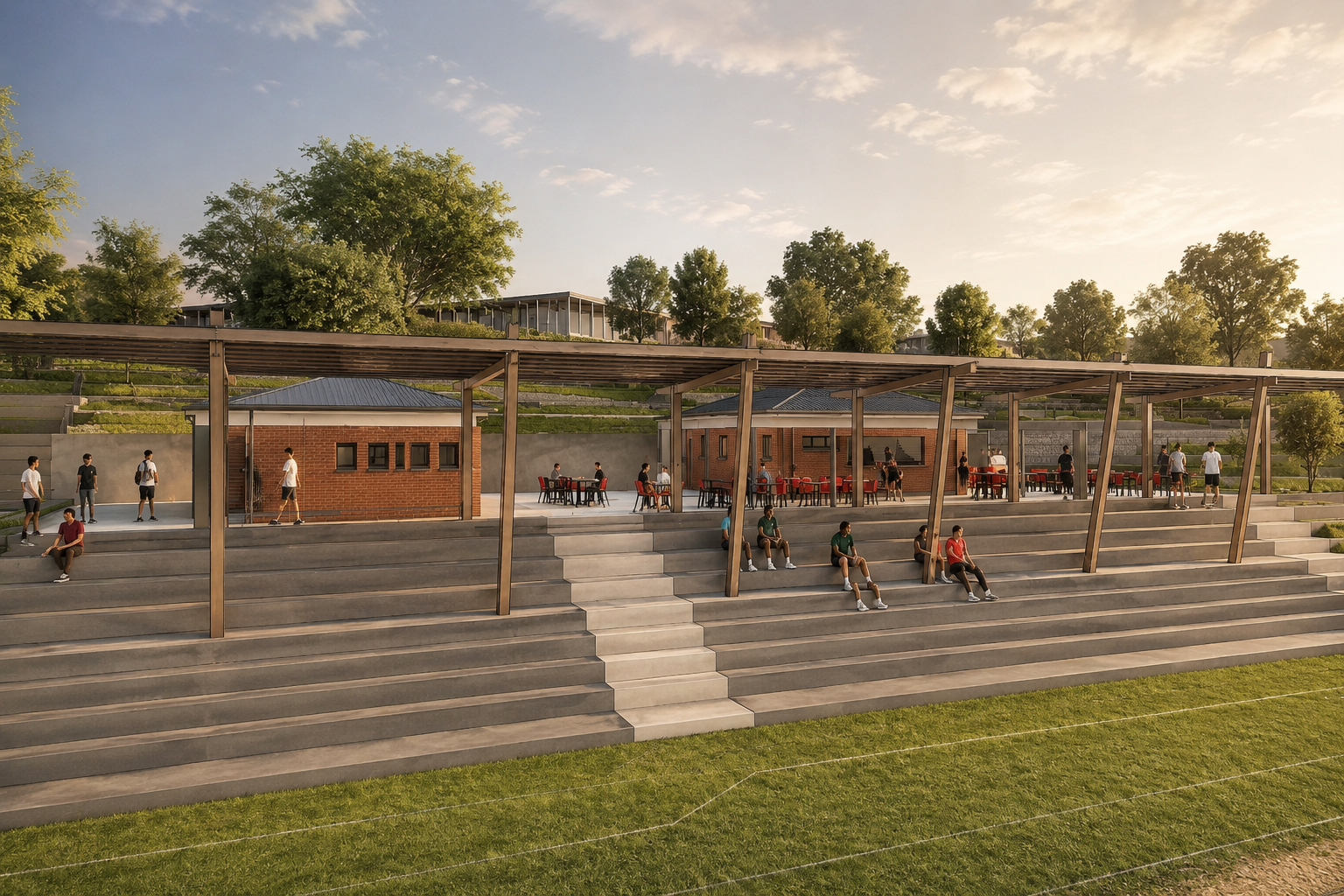 Hillgrove covered grandstand — concrete terraces beneath a timber-and-steel pergola