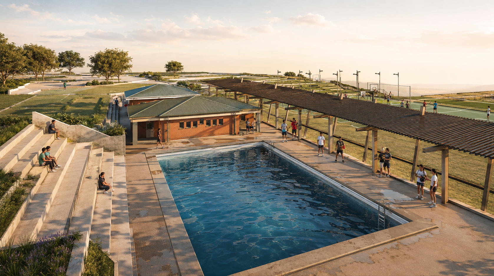 Hillgrove aquatic centre with poolside grandstand and pergola walkway