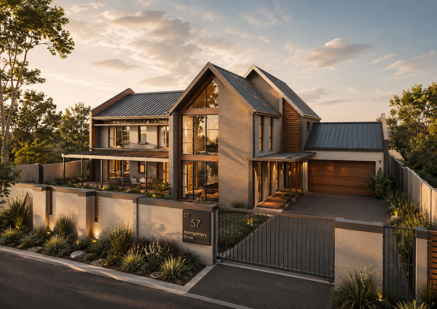 57 Montgomery Drive — gated street elevation with twin gables at dusk